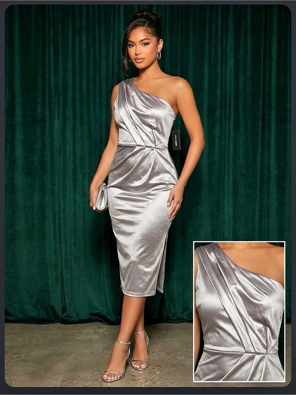Fashion Nova Athena One Shoulder Metallic Maxi Dress Silver XS